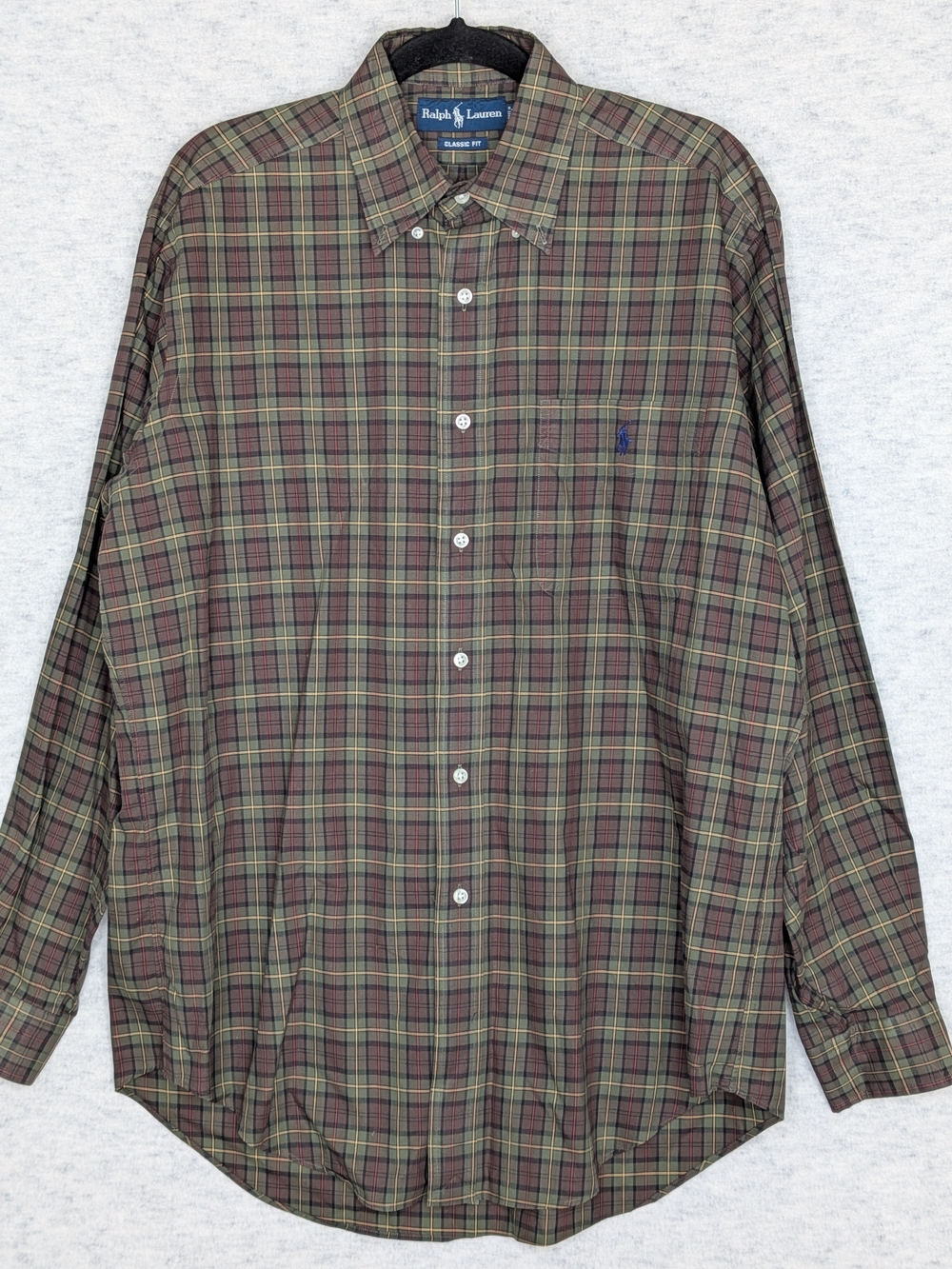 Ralph Lauren Olive & Brown Plaid Button-Down Shirt with Navy Logo Sz M 90s